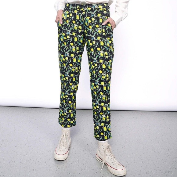 Wildfang Pants - Wildfang Empower Trouser Straight Leg Lemon Print Black Pants Floral Size 14